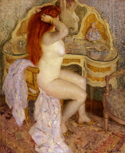 Nudo seduto al suo tavolo da toeletta da Frederick Carl Frieseke