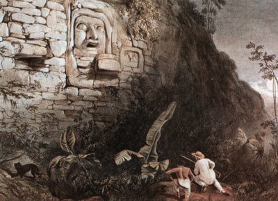 Cacciatore e la sua guida davanti alla testa maya di Itzam Na da Frederick Catherwood