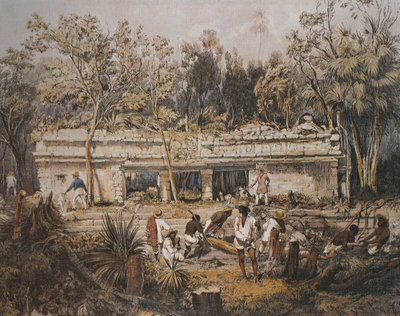 Gli archeologi Frederick Catherwood e John Lloyd Stephens misurano il tempio di Tulum, Yucatan, Messico, illustrazione da 