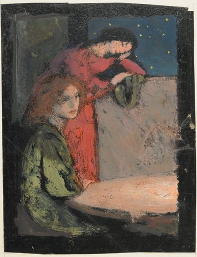 Due Ragazze vicino a un Tavolo Guardano una Notte Stellata da Frederick Cayley Robinson