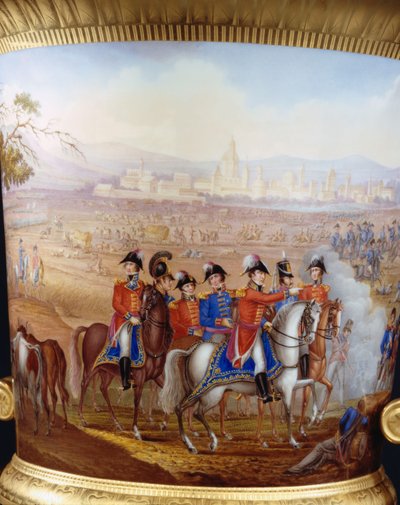 (dettaglio) di Wellington e i suoi ufficiali da un vaso campana snello con fondo dorato di Berlino del tipo servizio Wellington, dipinto con una scena della battaglia di Vittoria, 1817 da Frederick Christian Lewis