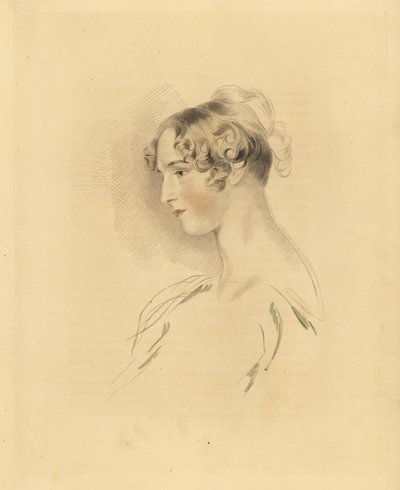 Ritratto di Mary Isabella Bloxam da giovane, nipote di Sir Thomas Lawrence. Con i capelli raccolti e ricci, in un vestito scollato. Incisione di Frederick Christian Lewis dopo un