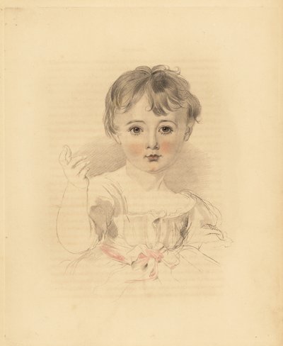 Ritratto di Thomas Lawrence Bloxam, nipote di Sir Thomas Lawrence. In abito legato con un nastro rosa. Incisione colorata a mano di Frederick Christian Lewis dopo un
