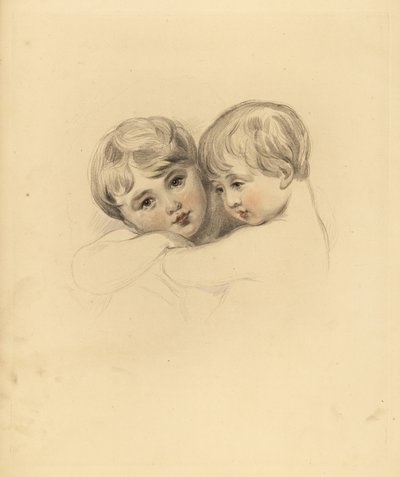 Ritratto dei bambini Calmeady in un abbraccio. Incisione colorata a mano di Frederick Christian Lewis dopo un