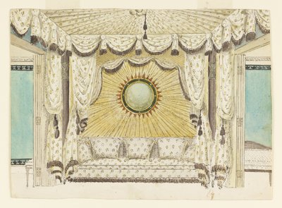 Design per letto con alcova tenda, probabilmente per la camera da letto o boudoir del Principe di Galles, Royal Pavilion da Frederick Crace