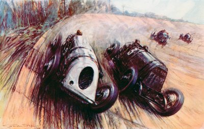 Una battaglia di giganti a Brooklands, la Leyland bianca di Parry Thomas contro la grande Fiat di Eldridge sulla curva (litografia a colori) da Frederick Gordon (after) Crosby