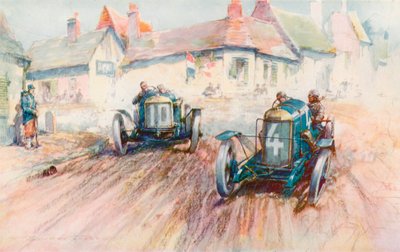Bablot guida la Delage da 3 litri n. 10 inseguendo la Peugeot di Boillot nella gara Voiturette del 1911 a Boulogne da Frederick Gordon (after) Crosby