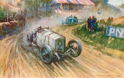 Lautenschlager con la Mercedes tedesca e Boillot con la Peugeot francese nella loro grande lotta durante il Gran Premio del 1914 da Frederick Gordon (after) Crosby