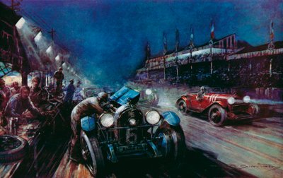 Una delle auto Lorraine-Dietrich di successo che si rifornisce al pit durante la corsa notturna nella gara di 24 ore di Le Mans da Frederick Gordon (after) Crosby
