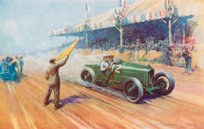 Sir Henry Segrave che segna la prima vittoria britannica in un Gran Premio con la Sunbeam da due litri sul circuito di Tours (litografia a colori) da Frederick Gordon (after) Crosby