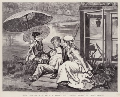 Attori inglesi Irene Vanbrugh, John Lawrence Toole e Mary Ansell in una produzione della commedia di J M Barrie Walker, Londra, al Toole