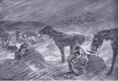 Una tempesta di grandine sudafricana, da Dopo Pretoria: La guerra di guerriglia pubblicata da Harmsworth Bros Limited, 1901 da Frederick Judd Waugh