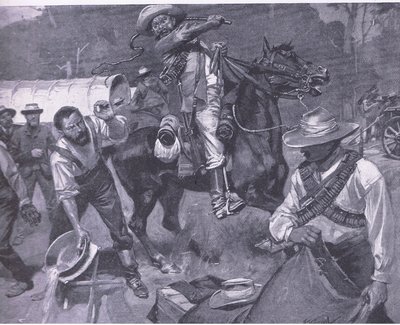 Trattamento boero degli inviati di pace: La fustigazione di Margendaal, da Dopo Pretoria: La guerra di guerriglia pubblicata da Harmsworth Bros Limited, 1901 da Frederick Judd Waugh