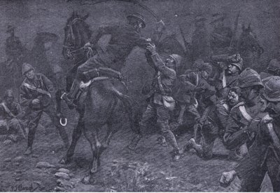 Il maggiore Boole-Smith affronta De Wet, da Dopo Pretoria: La guerra di guerriglia pubblicata da Harmsworth Bros Limited, 1901 da Frederick Judd Waugh