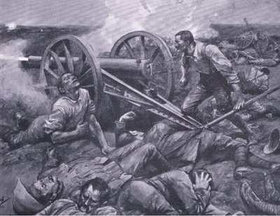 La difesa di Dewetsdorp: lavorare un cannone da 15 libbre da solo, illustrazione da After Pretoria: The Guerilla War, 1902 da Frederick Judd Waugh