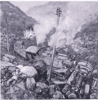 Il deragliamento di un treno blindato vicino a Vlakfontein, illustrazione da After Pretoria: The Guerilla War, 1902 da Frederick Judd Waugh