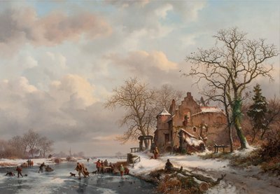 Paesaggio invernale con pattinatori su un fiume ghiacciato da Frederick Marianus Kruseman