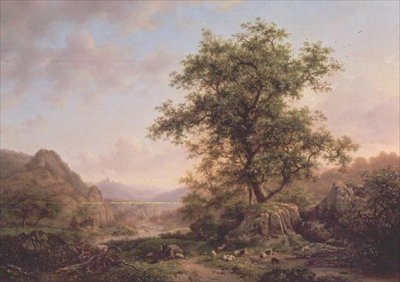Paesaggio boscoso con contadini e animali sul sentiero da Frederick Marianus Kruseman