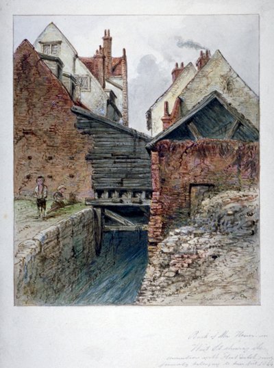 Vista del retro di una casa in Chick Lane, mostrando Fleet Ditch, Città di Londra, 1844 da Frederick Napoleon Shepherd