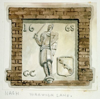 Effigie di Guy, Conte di Warwick, sul muro di una casa in Warwick Lane, Città di Londra, ca. 1820 da Frederick Nash