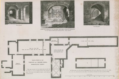 Piano del terreno e viste delle volte di Crosby Hall, Bishopsgate Street da Frederick Nash