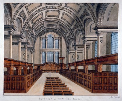 Vista interna verso est, Chiesa di San Giacomo, Piccadilly, Londra da Frederick Nash