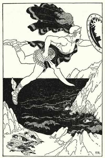 Perseo volava cautamente verso il basso, tenendo sempre gli occhi sul volto di Medusa, riflesso nel suo scudo (litografia) da Frederick Richardson