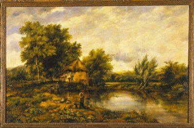 Paesaggio fluviale con un pescatore vicino a un mulino da Frederick Waters Watts