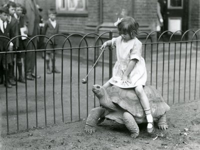 Una bambina, Betty, tiene un bastone con una mela all