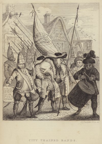 City Trained Bands: satira sulle milizie associate alla Città di Londra e il panico generato dalla Ribellione Giacobita del 1745 (incisione) da Frederick William Fairholt