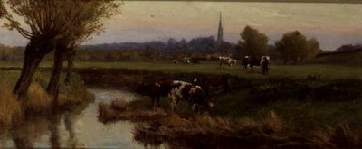 Mucche che pascolano vicino a un fiume da Frederick William Newton Whitehead