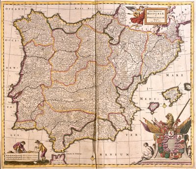 Mappa della Penisola Iberica, Spagna e Portogallo da Frederick de Wit