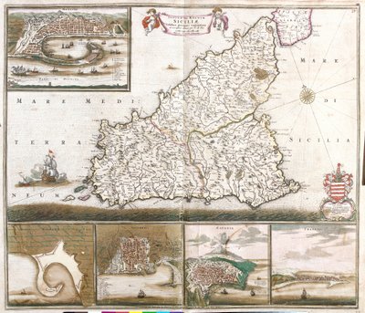 Mappa del Regno di Sicilia, con vedute delle città di Messina, Milazzo, Palermo, Catania e Trapani da Frederick de Wit