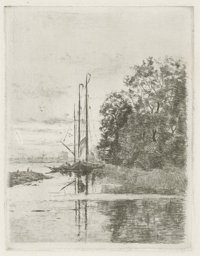Veduta fluviale con due navi e una barca da Fredericus Jacobus van Rossum du Chattel (signed by artist)