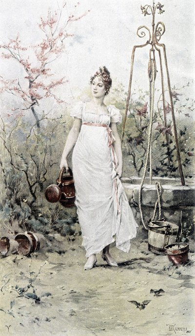 Donna che torna da un pozzo - allegoria della primavera, calendario illustrato da Hubert Dys, dipinto da F.H. Kaemmerer da Frederik Hendrik Kaemmerer