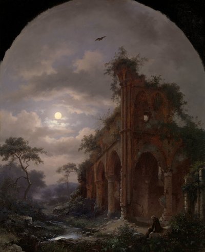 Monaco che medita vicino a una rovina al chiaro di luna da Frederik Marinus Kruseman (signed by artist)