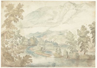 Curva in un fiume che scorre attraverso una valle con alte montagne da Frederik van Valckenborch