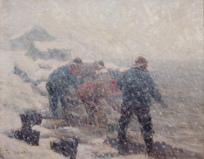 Pescatori tirano la rete in una tempesta di neve da Fredrik Kolstoe