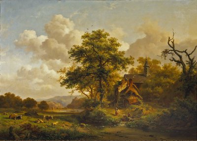 Un paesaggio tranquillo con donne che si lavano presso un ruscello e bovini e pecore che riposano da Fredrik Marinus Kruseman