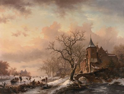 Castello in un paesaggio invernale e pattinatori su un fiume ghiacciato da Fredrik Marinus Kruseman