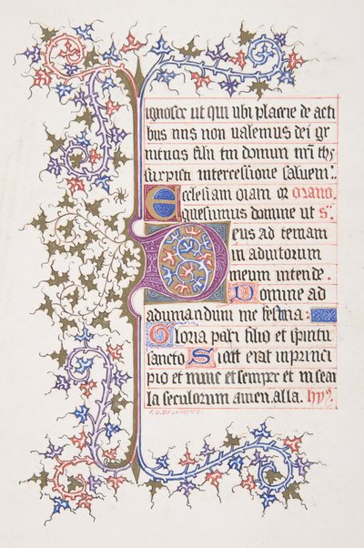 Foglia illuminata con iniziale E recto, bordo di vite verso da Freeman Gage Delamotte
