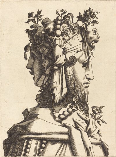 Busto di una donna in un costume stravagante da French 16th Century after René Boyvin or Pierre Milan