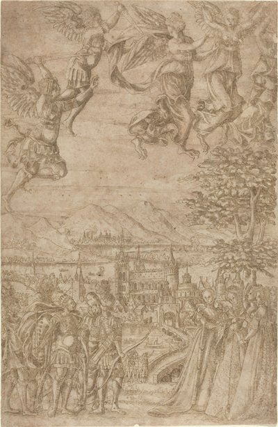 Un re e il suo seguito che affrontano delle dame sotto una battaglia celeste da French 17th Century