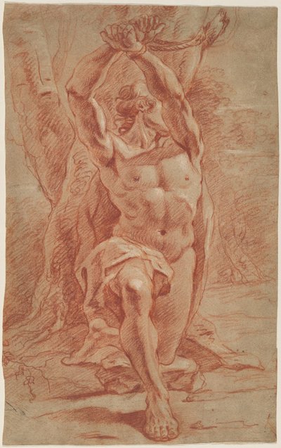Uomo inginocchiato legato a un albero da French 17th Century