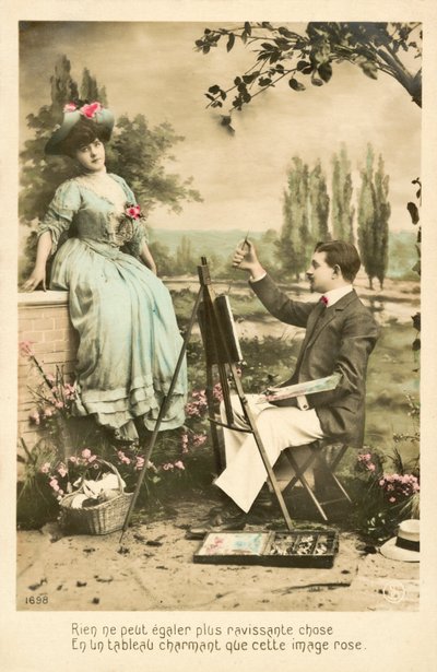 Artista che dipinge una bella ragazza con rose da French Photographer
