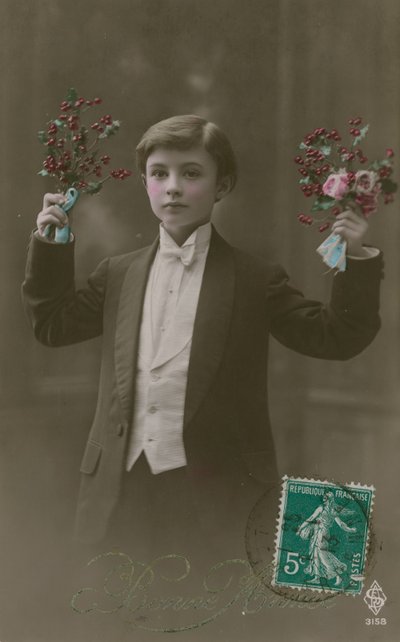 Cartolina di un ragazzo in frac bianco con fiori e bacche da French Photographer