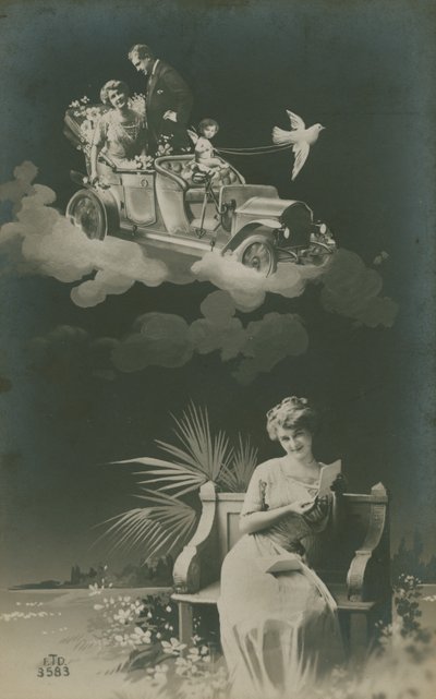 Cartolina di una giovane donna che legge una lettera e sogna il matrimonio da French Photographer