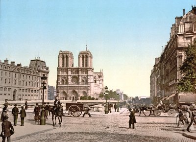 Facciata occidentale di Notre Dame e Pont St. Michel, Parigi, pub. c.1900 da French Photographer
