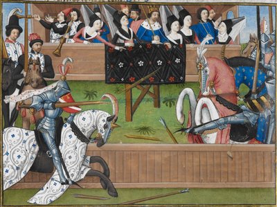 (Miniatura). Cavalieri che giostrano in un torneo medievale. Una lancia è spezzata. da French School