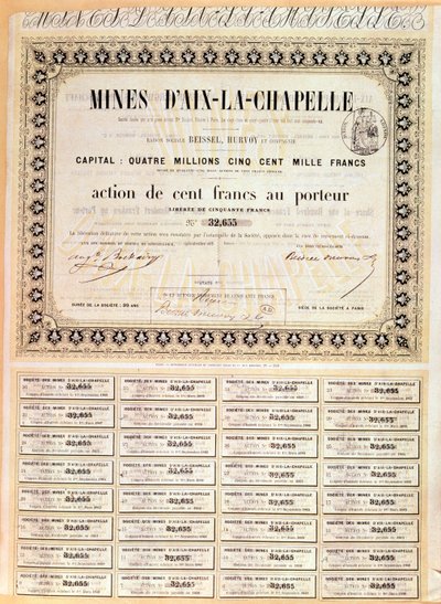 100 franchi Azione al Portatore delle miniere di Aquisgrana, 1856 da French School